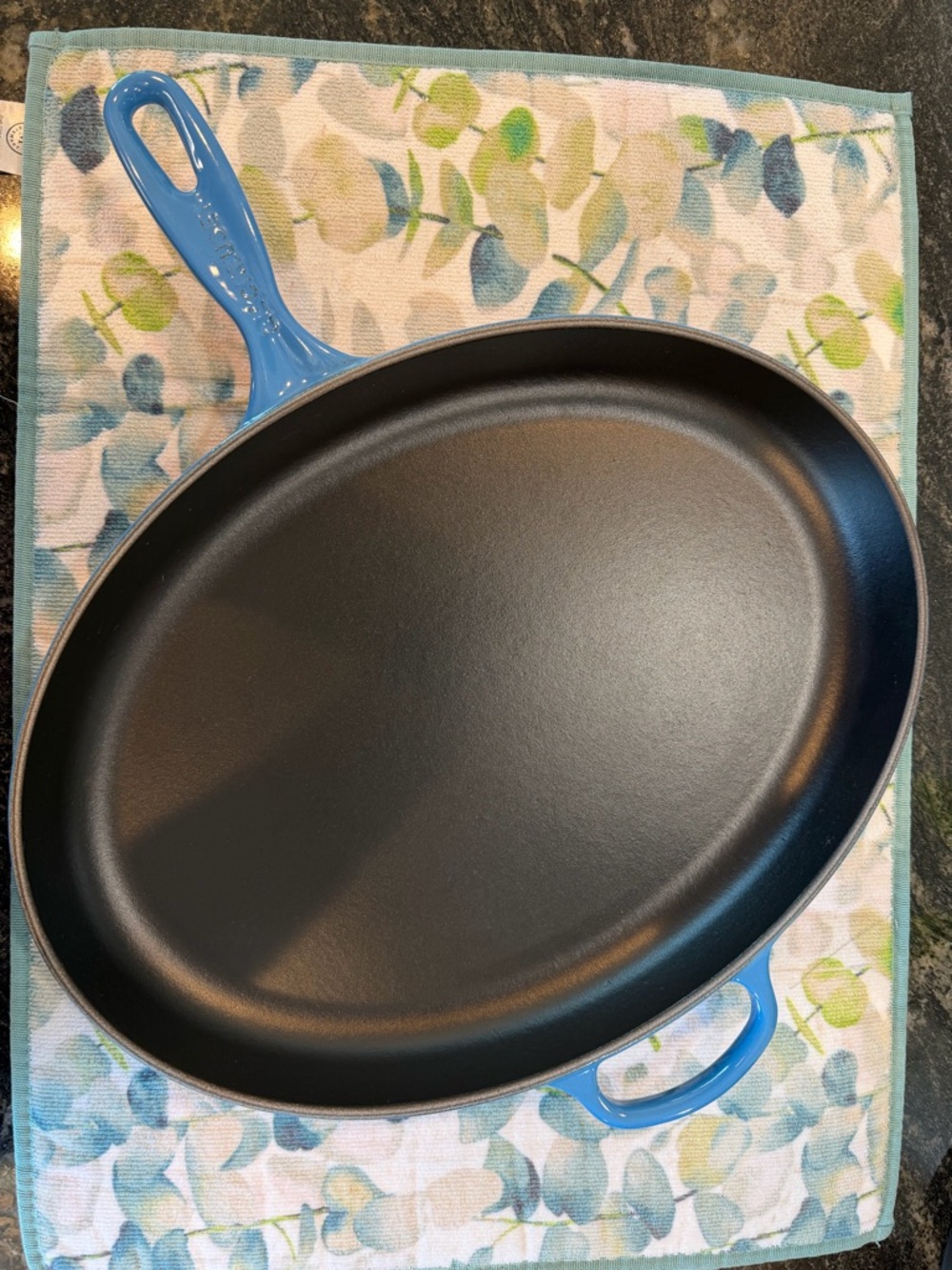 Le Creuset Oval Skillet in Marseille Blue with Black Interior